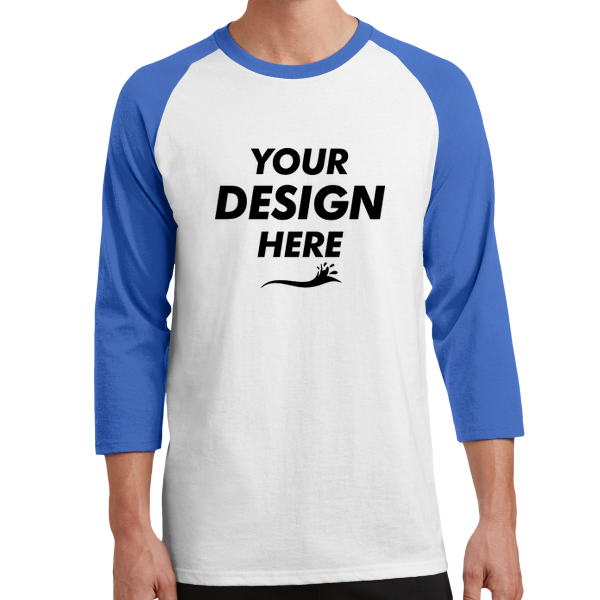 Port & Co Core Blend 3/4 Sleeve Raglan Tee, White / Royal, Front view, Mockup