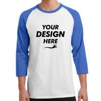 Port & Co Core Blend 3/4 Sleeve Raglan Tee, White / Royal, Front view, Mockup