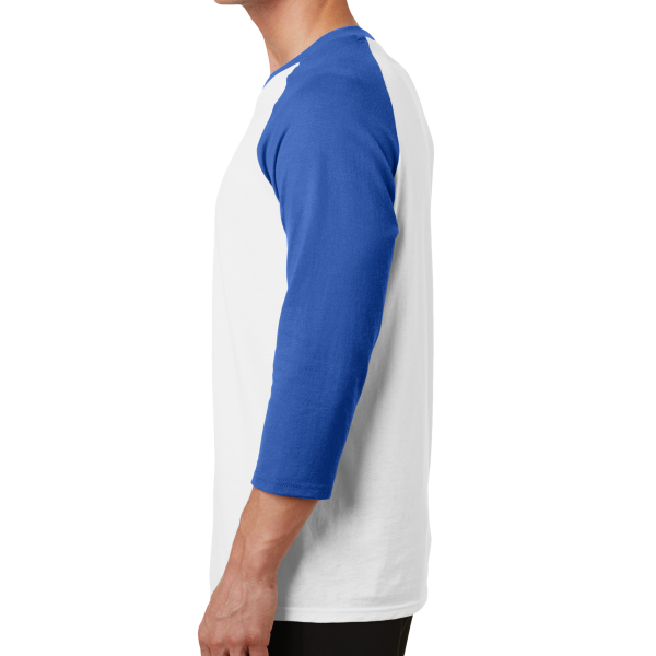 Port & Co Core Blend 3/4 Sleeve Raglan Tee, White / Royal, Left side view