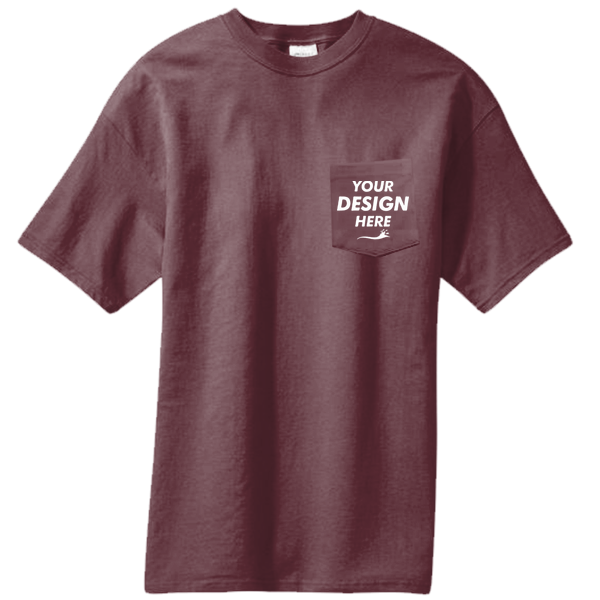 Port & Co Core Blend Pocket Tee, Athletic Maroon, Front view, Mockup