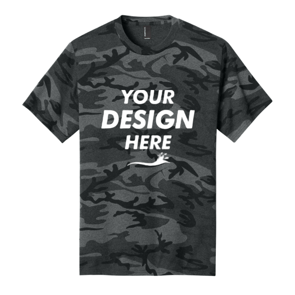 Port & Co Core Cotton Camo Tee, Black Heather Camo, Front view, Mockup