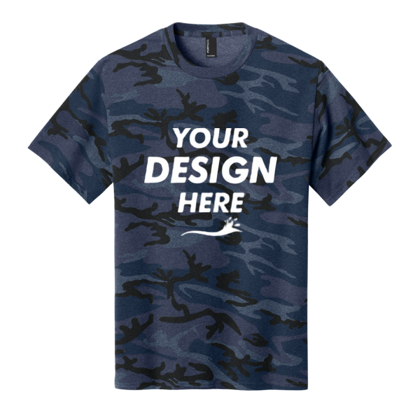 Port & Co Core Cotton Camo Tee, Heather Navy Camo, Front view, Mockup