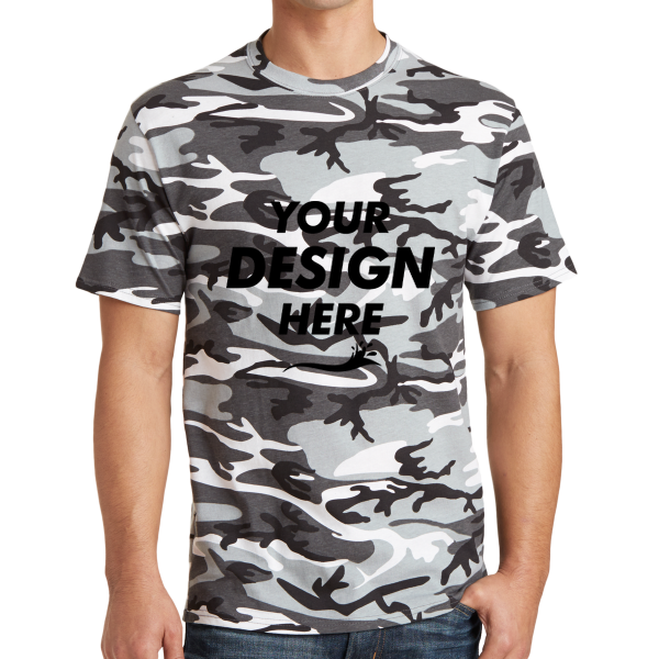 Port & Co Core Cotton Camo Tee, Winter Camo, Front view, Mockup