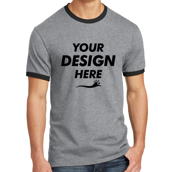 Port & Co Core Cotton Ringer Tee, Athletic Heather / Jet Black, Front view, Mockup