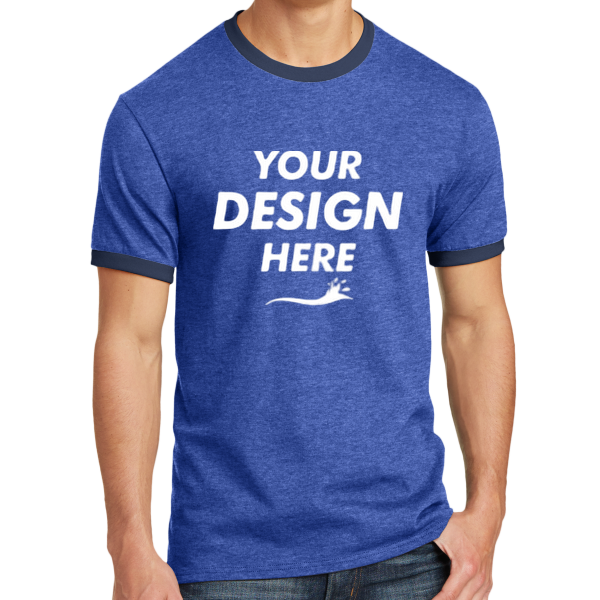 Port & Co Core Cotton Ringer Tee, Heather Royal / Navy, Front view, Mockup