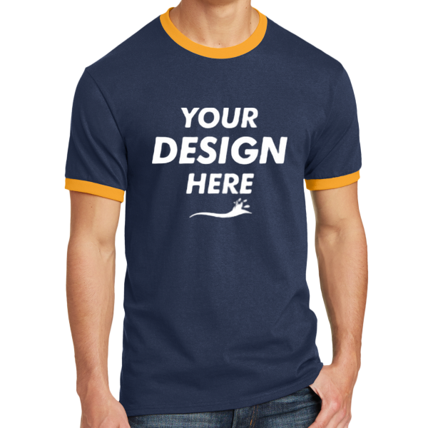 Port & Co Core Cotton Ringer Tee, Navy / Gold, Front view, Mockup