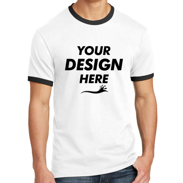 Port & Co Core Cotton Ringer Tee, White / Jet Black, Front view, Mockup