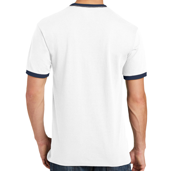 Port & Co Core Cotton Ringer Tee, White / Navy, Back view