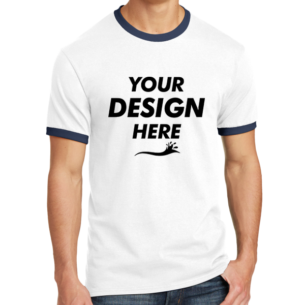 Port & Co Core Cotton Ringer Tee, White / Navy, Front view, Mockup