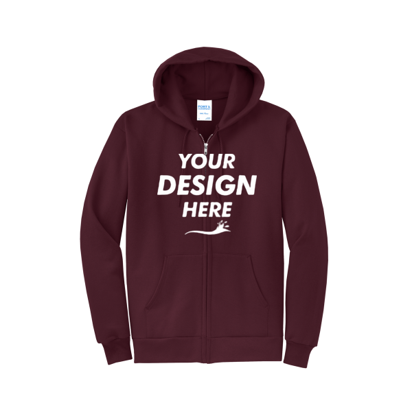 Port & Co Core Fleece Full Zip Hooded Sweatshirt, Maroon, Front view, Mockup