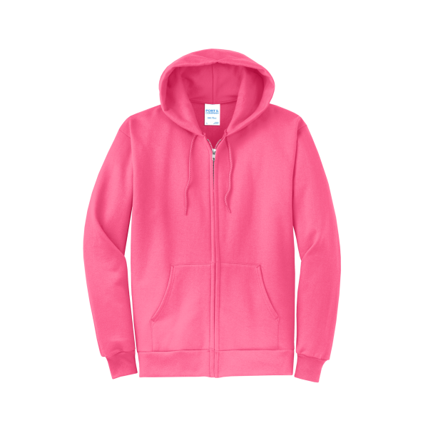 Port & Co Core Fleece Full Zip Hooded Sweatshirt, Neon Pink, Front view