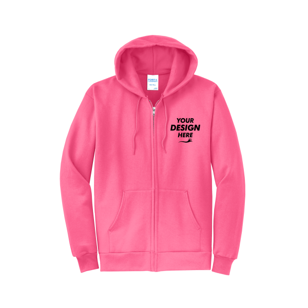 Port & Co Core Fleece Full Zip Hooded Sweatshirt, Neon Pink, Front view, Mockup