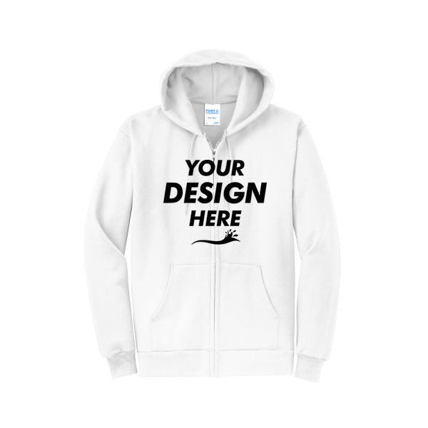 Port & Co Core Fleece Full Zip Hooded Sweatshirt, White, Front view, Mockup