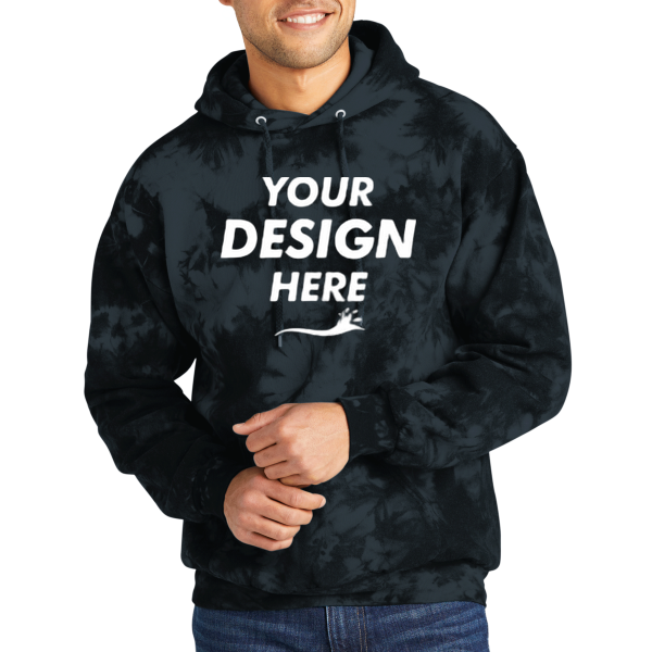 Port & Co Crystal Tie Dye Pullover Hoodie, Black / Black, Front view, Mockup