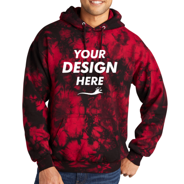 Port & Co Crystal Tie Dye Pullover Hoodie, Black / Red, Front view, Mockup