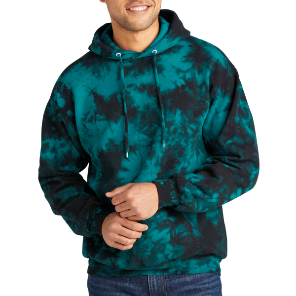 Port & Co Crystal Tie Dye Pullover Hoodie, Black / Teal, Front view