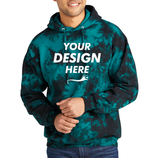 Port & Co Crystal Tie Dye Pullover Hoodie, Black / Teal, Front view, Mockup