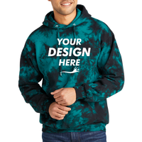 Port & Co Crystal Tie Dye Pullover Hoodie, Black / Teal, Front view, Mockup