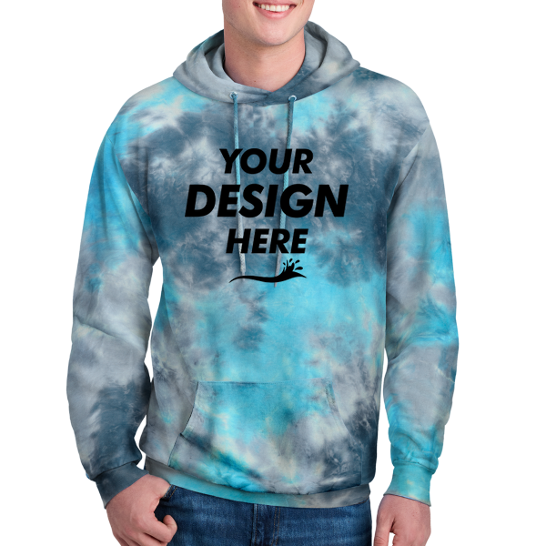 Port & Co Crystal Tie Dye Pullover Hoodie, Lagoon Colorburst / Lagoon Colorburst, Front view, Mockup