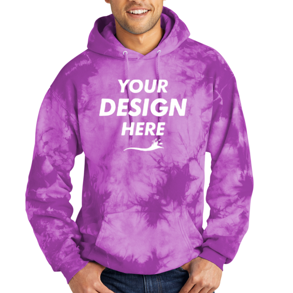 Port & Co Crystal Tie Dye Pullover Hoodie, Purple / Purple, Front view, Mockup