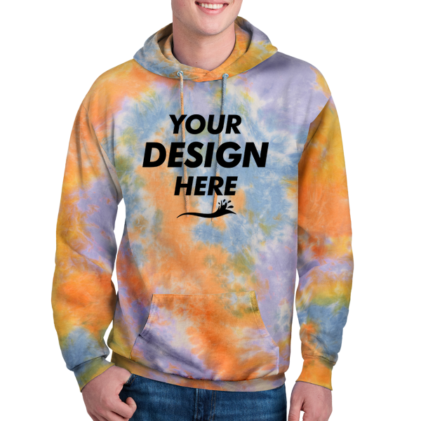 Port & Co Crystal Tie Dye Pullover Hoodie, Sherbet Colorburst / Sherbet Colorburst, Front view, Mockup