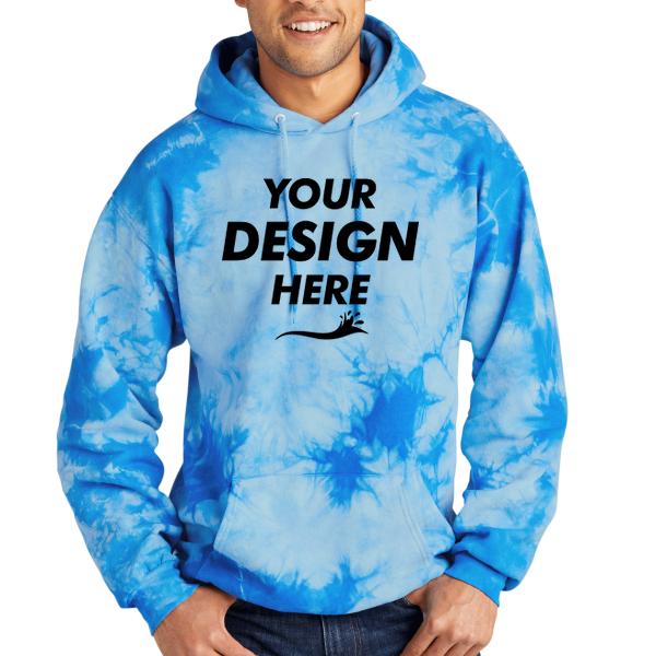 Port & Co Crystal Tie Dye Pullover Hoodie, Sky Blue / Sky Blue, Front view, Mockup