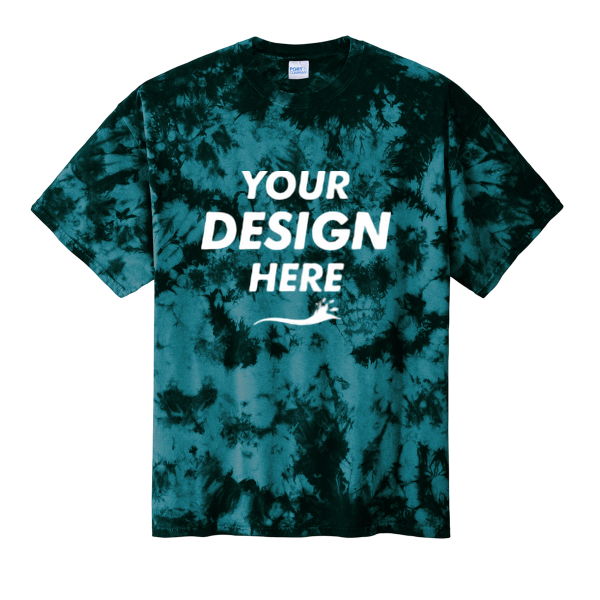 Port & Co Crystal Tie Dye Tee, Black / Teal, Front view, Mockup
