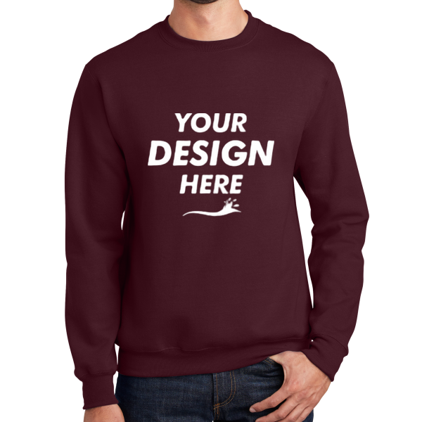Port & Co Essential Fleece Crewneck Sweatshirt, Maroon, Front view, Mockup