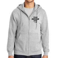 Port & Co Essential Fleece Full Zip Hooded Sweatshirt, Ash, Front view, Mockup