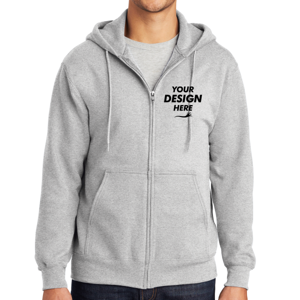 Port & Co Essential Fleece Full Zip Hooded Sweatshirt, Ash, Front view, Mockup