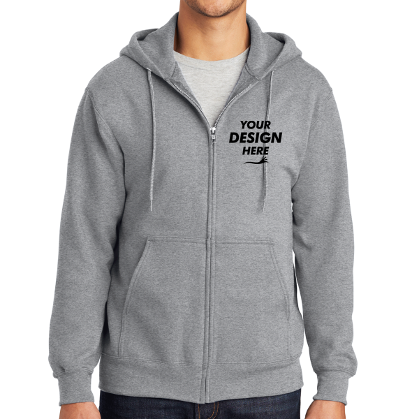 Port & Co Essential Fleece Full Zip Hooded Sweatshirt, Athletic Heather, Front view, Mockup