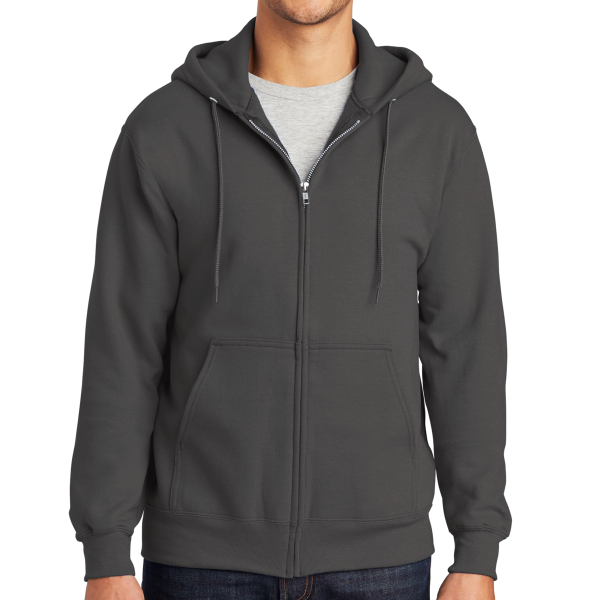 Port & Co Essential Fleece Full Zip Hooded Sweatshirt, Charcoal, Front view