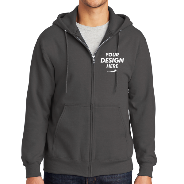 Port & Co Essential Fleece Full Zip Hooded Sweatshirt, Charcoal, Front view, Mockup