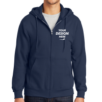 Port & Co Essential Fleece Full Zip Hooded Sweatshirt, Navy, Front view, Mockup