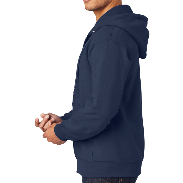 Port & Co Essential Fleece Full Zip Hooded Sweatshirt, Navy, Left Sleeve view