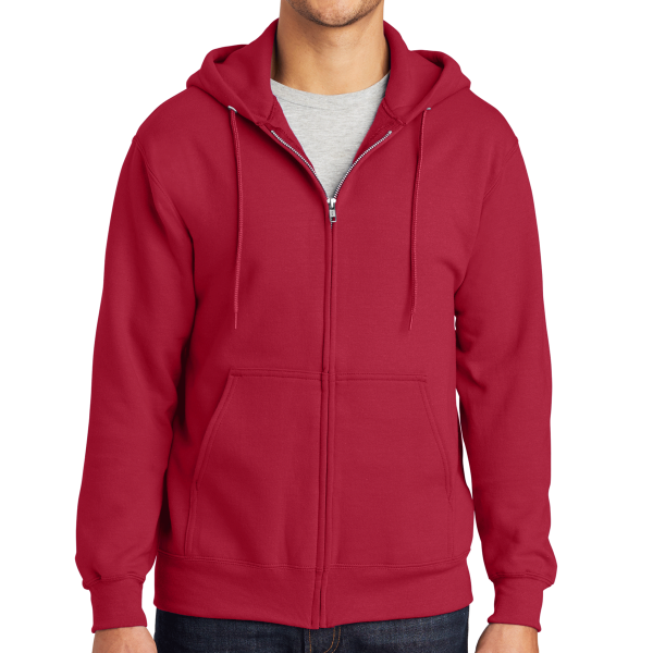 Port & Co Essential Fleece Full Zip Hooded Sweatshirt, Red, Front view
