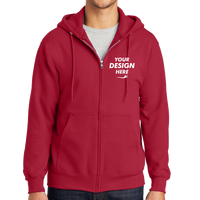Port & Co Essential Fleece Full Zip Hooded Sweatshirt, Red, Front view, Mockup