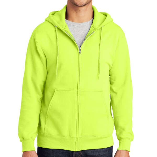 Port & Co Essential Fleece Full Zip Hooded Sweatshirt, Safety Green, Front view