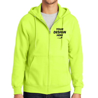 Port & Co Essential Fleece Full Zip Hooded Sweatshirt, Safety Green, Front view, Mockup