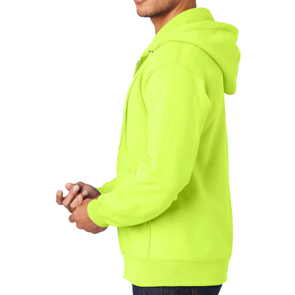 Port & Co Essential Fleece Full Zip Hooded Sweatshirt, Safety Green, Left Sleeve view