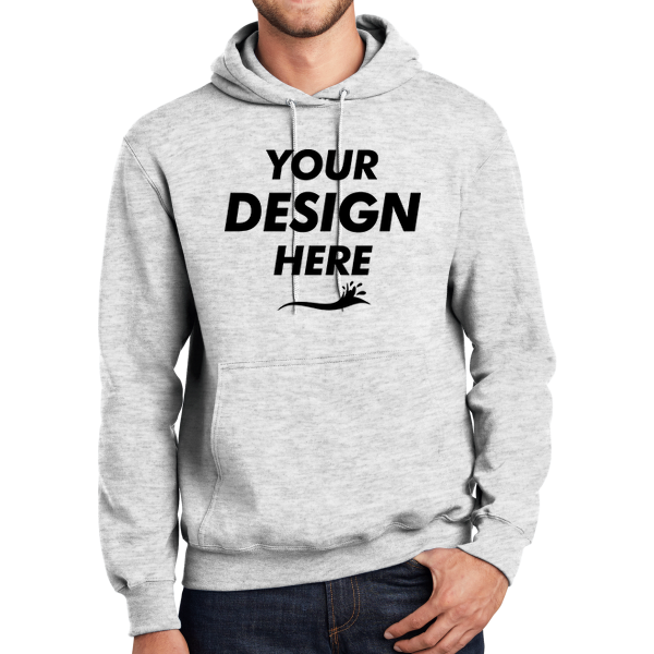 Port & Co Essential Fleece Pullover Hooded Sweatshirt, Ash, Front view, Mockup