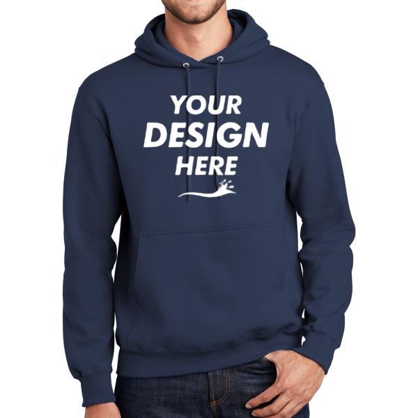 Port & Co Essential Fleece Pullover Hooded Sweatshirt, Navy, Front view, Mockup