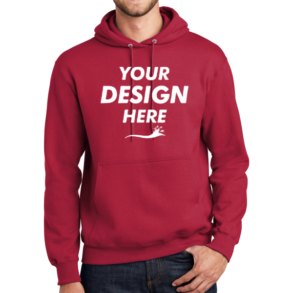 Port & Co Essential Fleece Pullover Hooded Sweatshirt, Red, Front view, Mockup