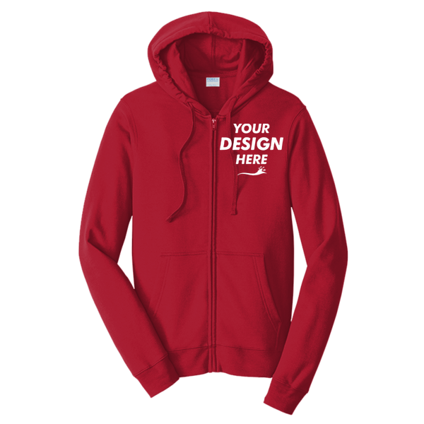 Port & Co Fan Favorite Fleece Full Zip Hooded Sweatshirt, Bright Red, Front view, Mockup
