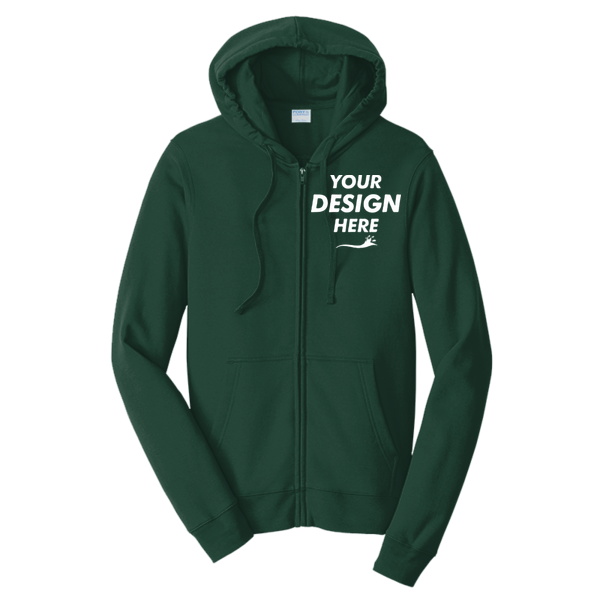 Port & Co Fan Favorite Fleece Full Zip Hooded Sweatshirt, Forest Green, Front view, Mockup