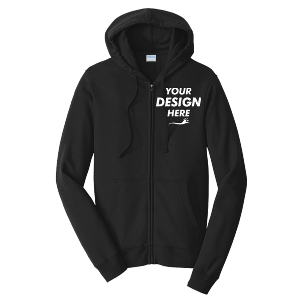 Port & Co Fan Favorite Fleece Full Zip Hooded Sweatshirt, Jet Black, Front view, Mockup