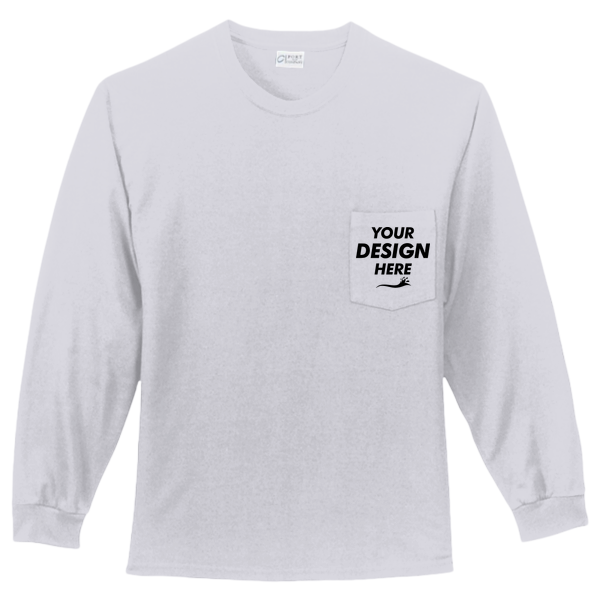 Port & Co Long Sleeve Essential Pocket Tee, Ash, Front view, Mockup