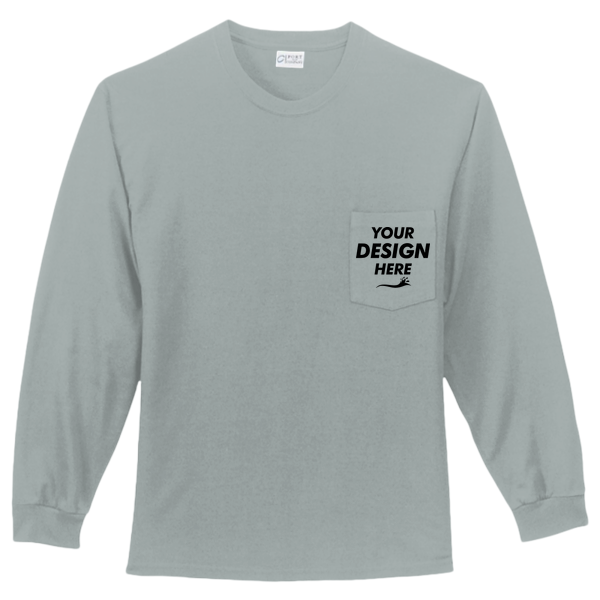 Port & Co Long Sleeve Essential Pocket Tee, Athletic Heather, Front view, Mockup