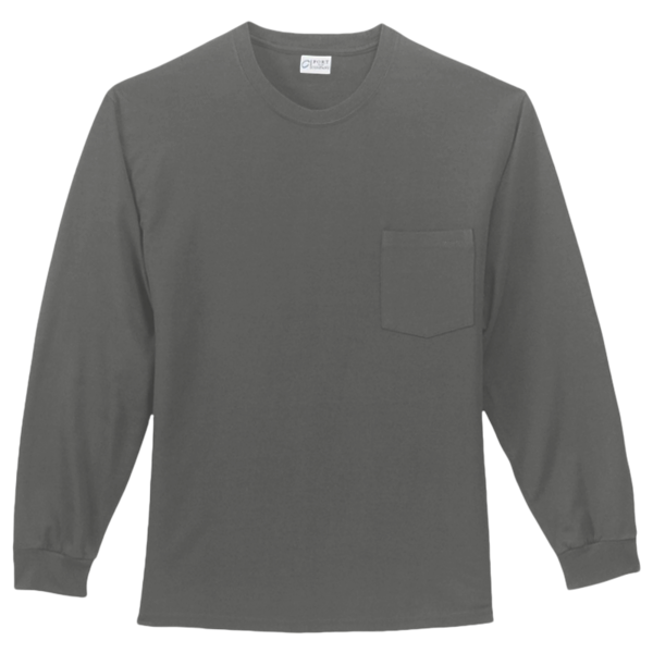Port & Co Long Sleeve Essential Pocket Tee, Charcoal, Front view