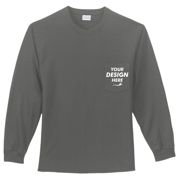 Port & Co Long Sleeve Essential Pocket Tee, Charcoal, Front view, Mockup